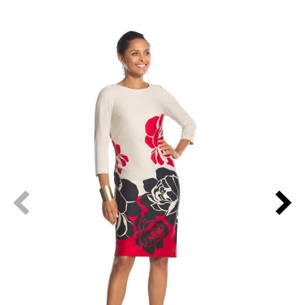 Chicos Elegant Floral Dress with Red and Black Accents